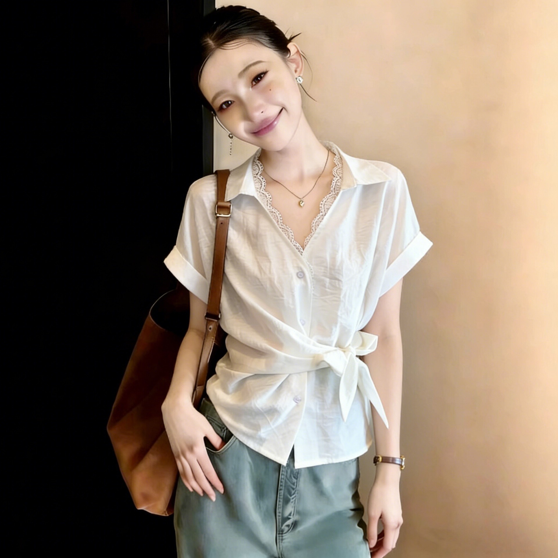 Áo sơ mi ngắn tay nữ ren phối thắt lưng eo, dáng suông che khuyết điểm — xanh lam chi tiết 1