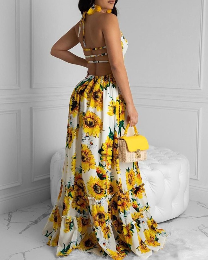 Bandage Sleeveless Backless Sunflower Print Boho Dress NSFH125723