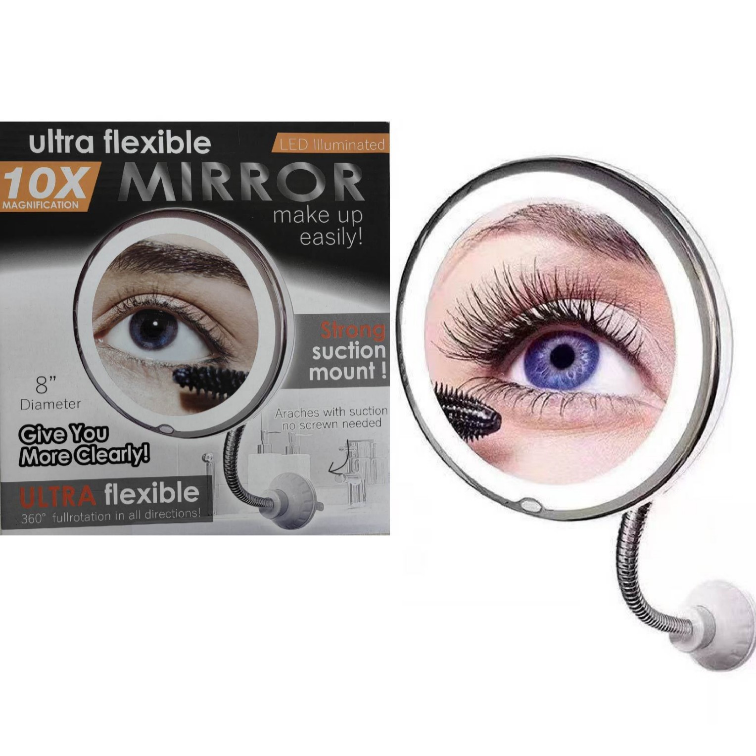 跨境LED软管吸盘式化妆镜眼妆镜子 360度10倍放大镜浴室镜补光镜