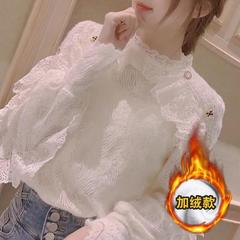 Door lace base shirt for women 2025 autumn new round neck ruffle shawl fake two-piece top for women