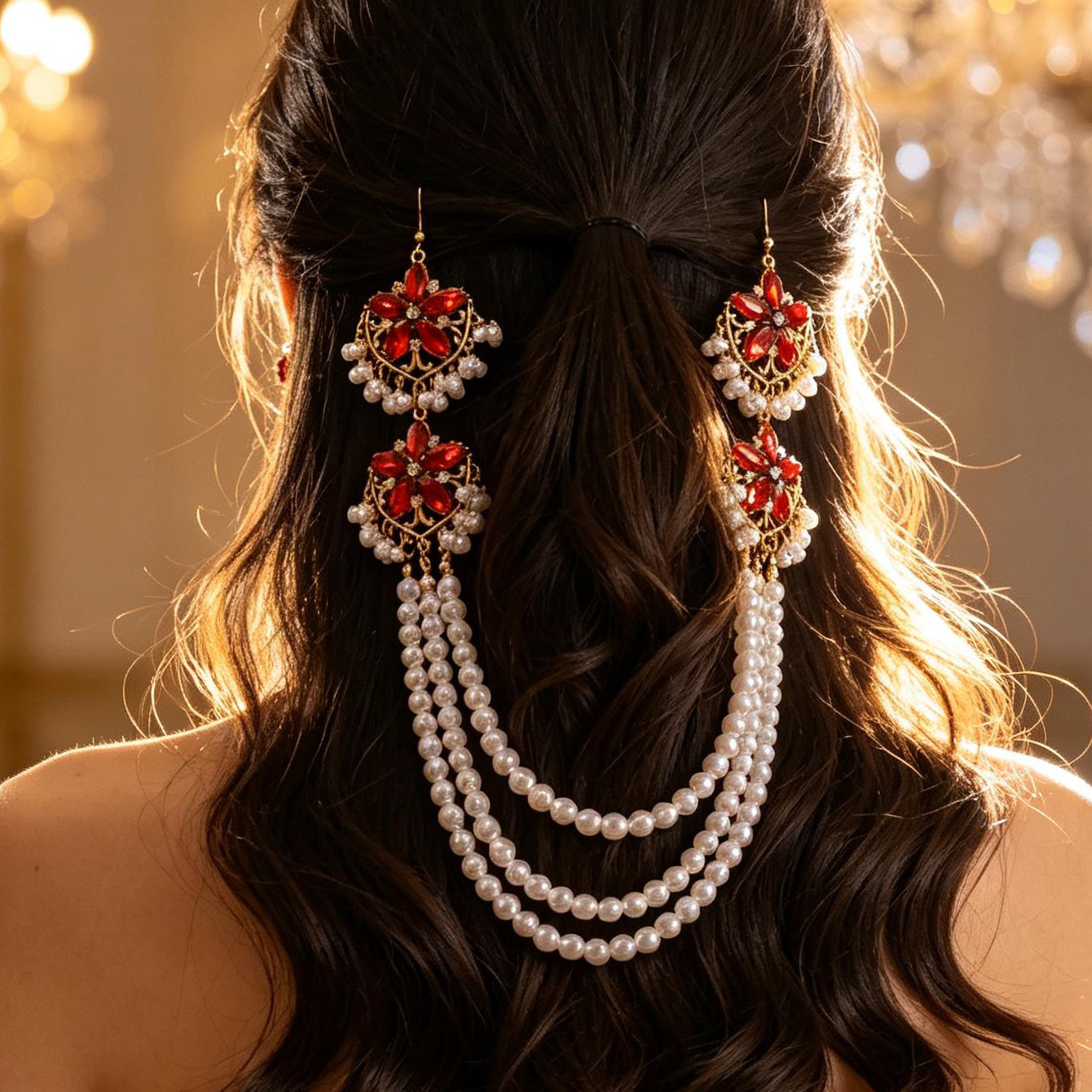 European and American cross-border multi-layer pearl and diamond-studded tassel hair accessories, a high-end, vintage, and regal-style hair chain for women