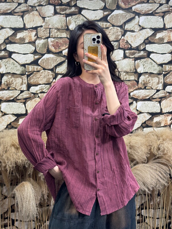 2025秋韩版宽松复古皱麻炒色做旧圆领衬衫开衫百搭休闲衬衣女3055|undefined