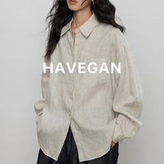 与间HAVEGAN/秋季长袖亚麻衬衫女宽松2025新款老钱风休闲慵懒上衣