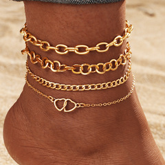 歐美跨境流行腳飾 時尚氣質高級感金屬雙愛心鎖鏈腳鏈4件套女批發