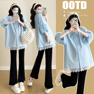 Maternity 2025 Spring and Summer New Style Fresh Thin Age-reducing Mid-length Lace Doll Shirt Stitching Top