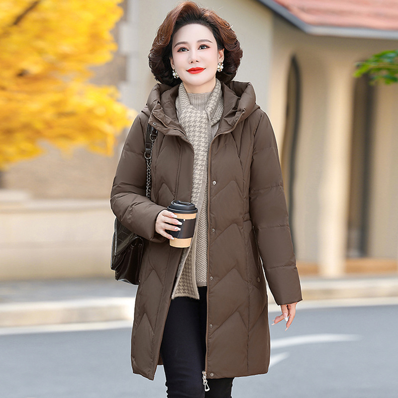 Foreign Trade Brand Women's down Jacket Mid-Length High-End Hooded Middle-Aged Mother's Elegant White Duck down Cold-Proof Jacket