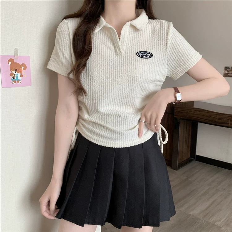 Large size American front shoulder polo neck short sleeved t-shirt for women 2024 new summer chubby mm top design_voghion.com