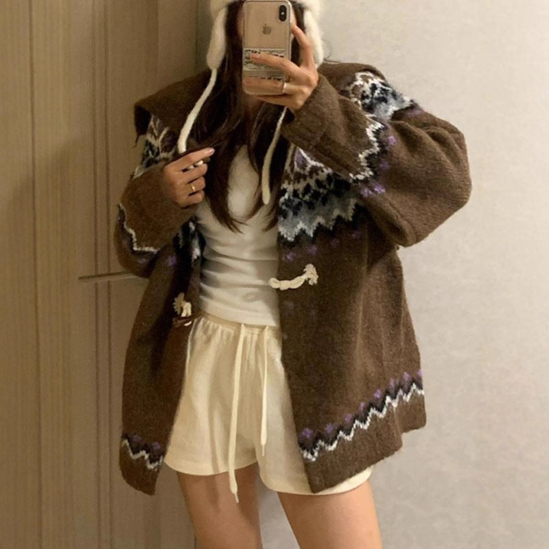 灰色费尔岛牛角扣连帽针织毛衣外套女秋冬慵懒风加厚开衫上衣冬季|undefined