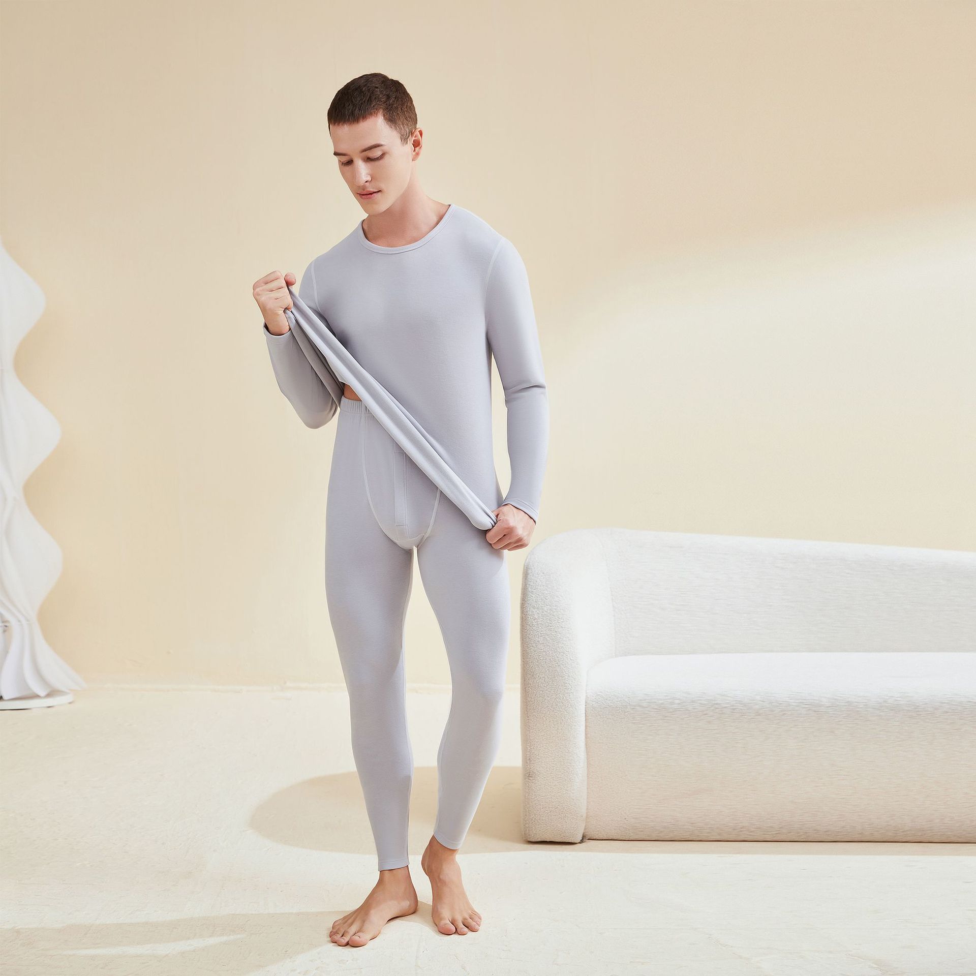 Traje térmico acrílico de nuevo estilo transfronterizo, pantalones de manga larga con cuello redondo para hombre