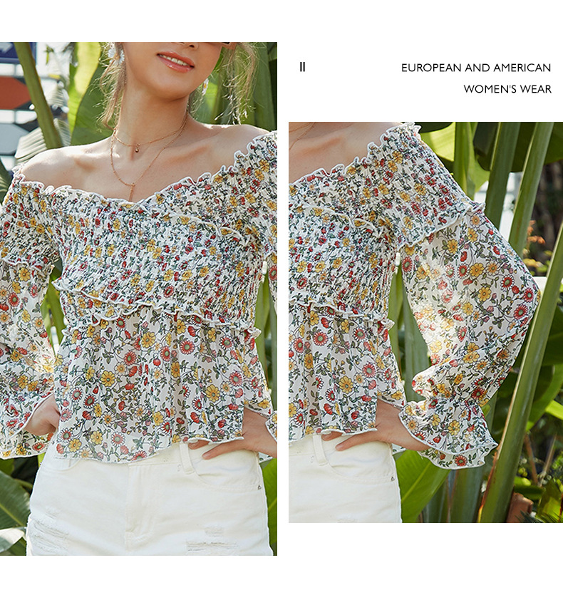 floral one-shoulder chiffon long-sleeved short top nihaostyles wholesale clothing NSGHW83814