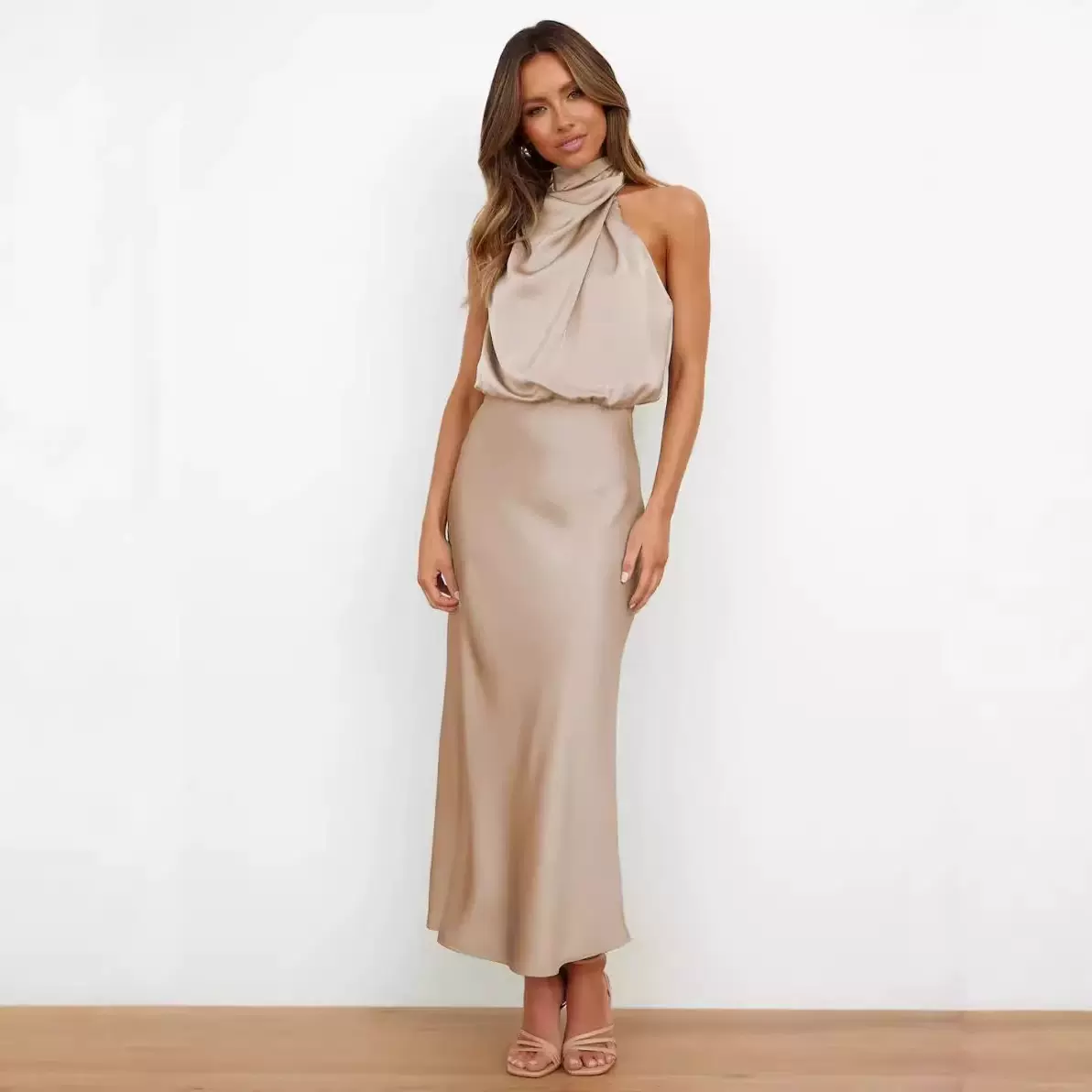 跨境外贸2025春夏新款高级缎面大衣无袖连衣裙时尚优雅气质轻晚