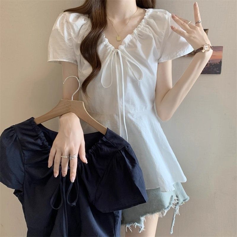 亚马逊采购大码胖mm超200斤V领正肩短袖衬衫女收腰娃娃衫蓬蓬上衣