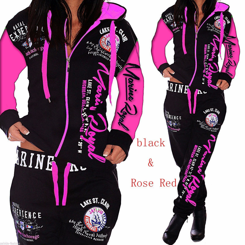 Sports and leisure suit美式印花字体接链长袖连帽长裤女士套装|undefined