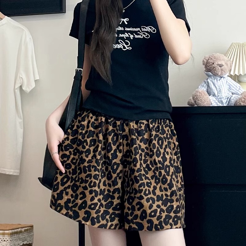 大码胖妹妹松紧腰豹纹休闲裤女夏季薄款阔腿高腰显瘦洋气A字短裤|undefined