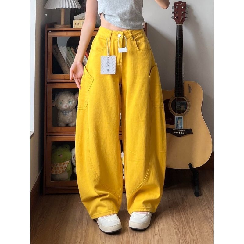 黄色设计感高街弯刀牛仔裤秋季女2025新款美式宽松阔腿拖地长裤子|undefined