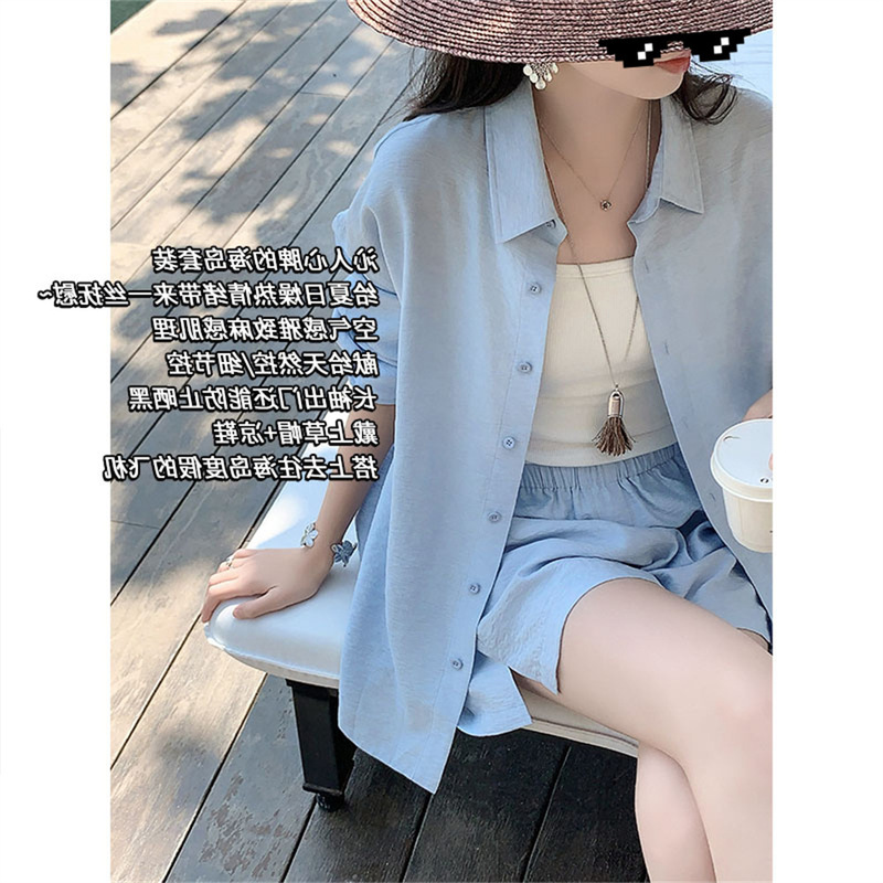 MY island holiday suit vertical hemp texture_casual loose shirt wide leg shorts
