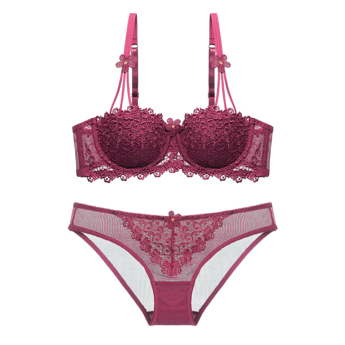 Thin 1/2 Half Cup Lace Sexy Embroidered Women's Underwear Bra Set_voghion.com