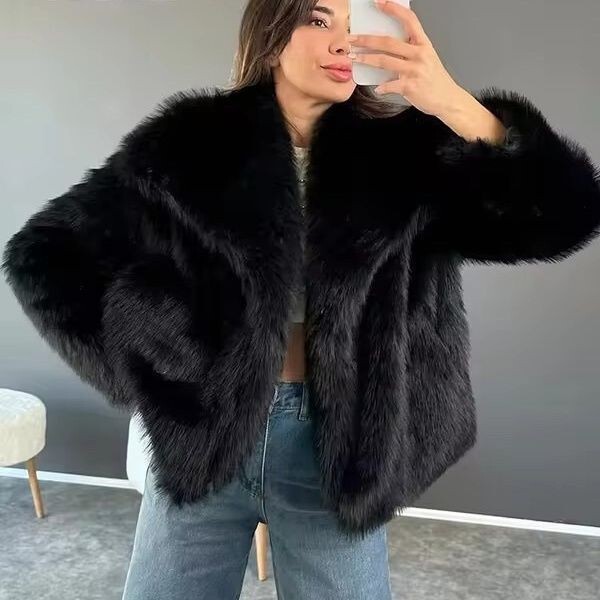 European and American Style Faux Fur Jacket with Large Lapel, Short Fashion Faux Fox Fur Fluffy Plush Women's Winter Coat