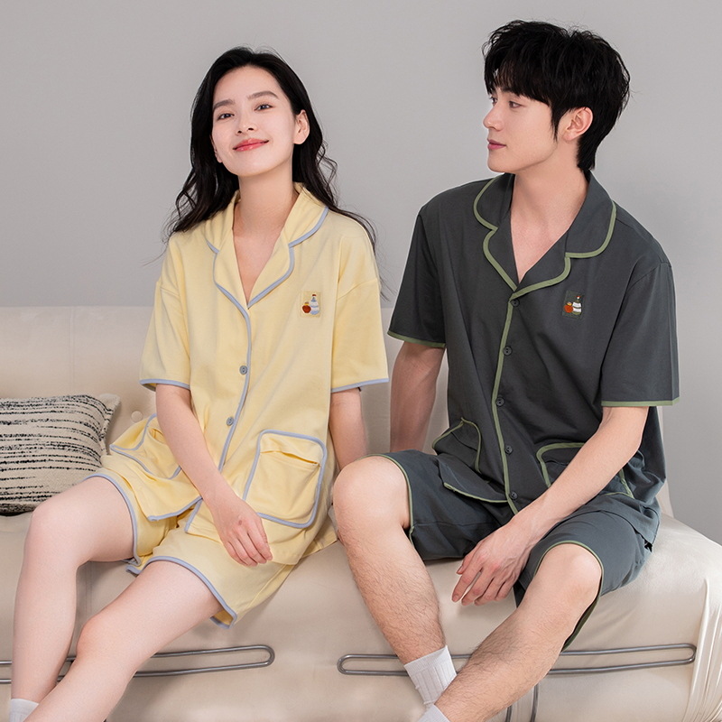 [Antibacteriano] Pijamas de pareja, cardigan fino de algodón de verano, solapa, pantalones cortos de manga corta, trajes coreanos para hombres y mujeres, servicio a domicilio