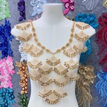 金色立体花朵扇形亮片网纱钉珠V领贴花时尚晚礼服舞蹈服装辅料