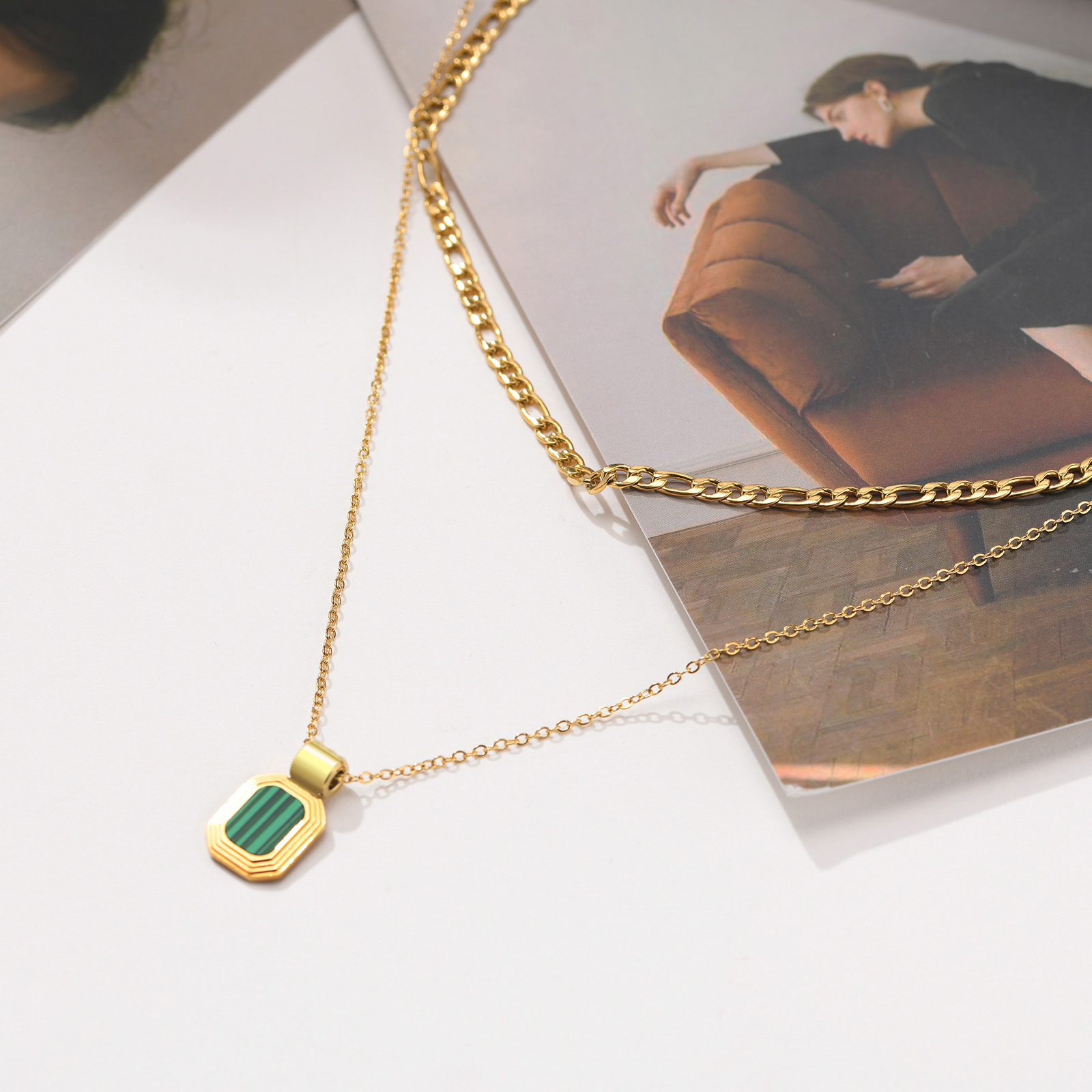 Lady Stripe Stainless Steel Titanium Steel Plating Inlay Shell Layered Necklaces_colorza_2