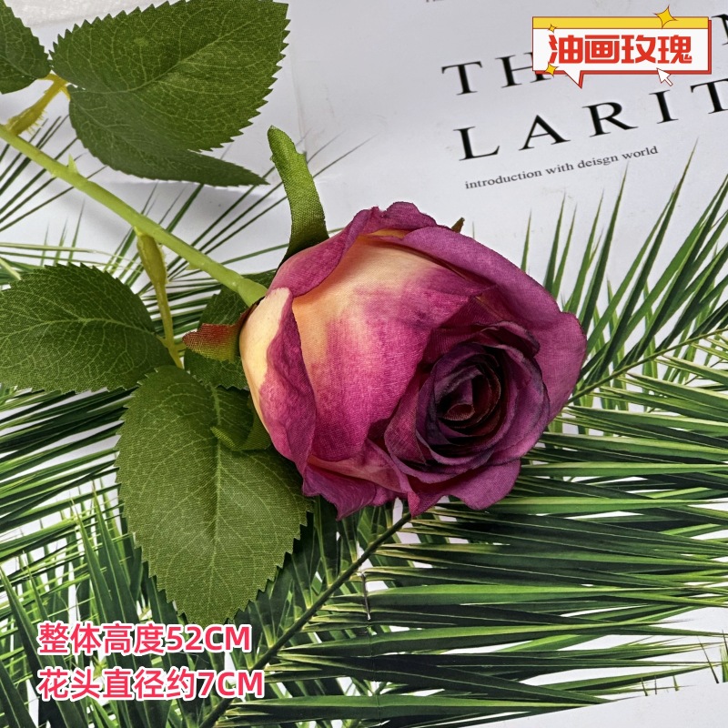 Flor artificial, rosa individual, pintura al óleo al horno, rosa retro, decoración de boda en el hogar, decoración, decoración de flores falsas al por mayor