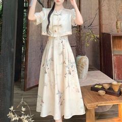 J5Y新中式套装夏季新款2025国风复古印花盘扣吊带裙碎花连衣裙两
