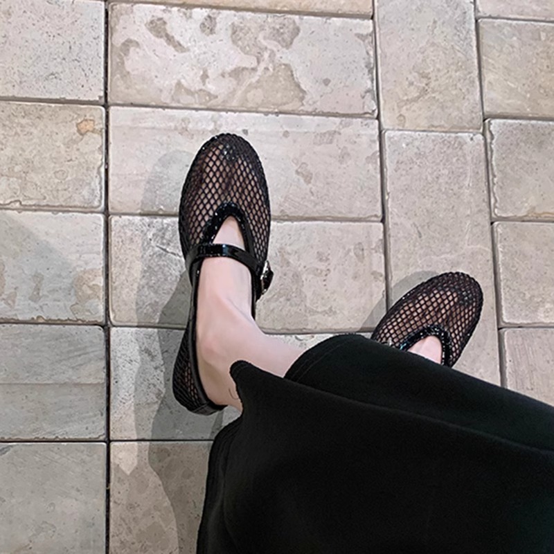 In Stock~Genuine Leather Cut Out Mesh Sandals for Women Summer One-Line Buckle Round Toe Flats Shallow Mouth Mary Jane Shoes
