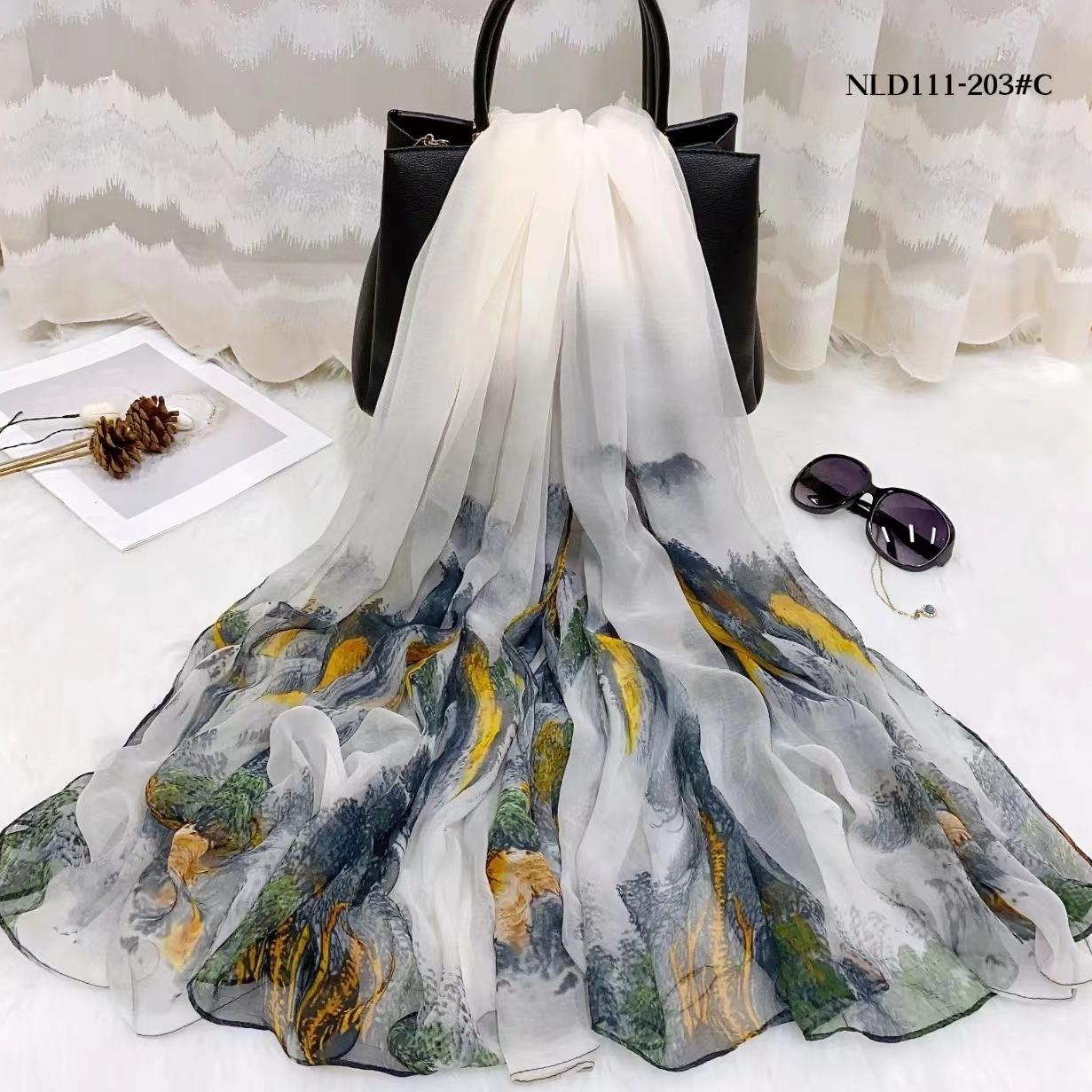 New Crocodile Wrinkled National Style Printed Scarf Women's Summer Thin Travel Sunscreen Large Shawl Fashionable All-match Scarf for Women