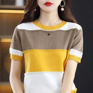 Summer new cotton and linen short sleeve women's round neck color matching hollow loose slimming cotton pullover knitted half sleeve t-shirt women