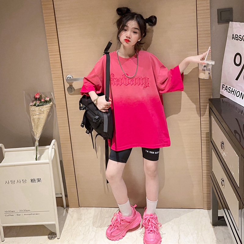 아동과 소녀 패션 반팔 인쇄 세트 세련된 그라디언트 티셔츠 안티 러닝 상어 바지 패션 2