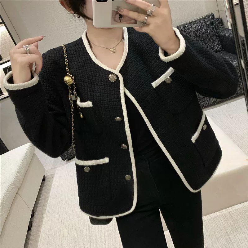 Осенний oversize пиджак, корейский стиль, вдохновлённый Chanel, молодежная мода, цвет слоновая кость/чёрный