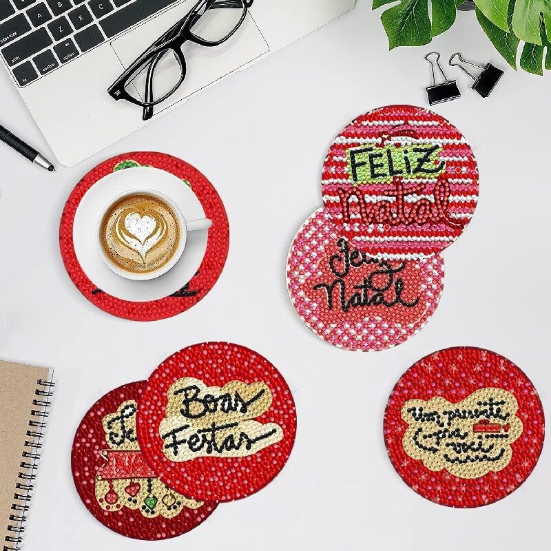 Diamante de dibujos animados almohadillas de taza letras rojas textura de madera hecha a mano puntos de perforación aislamiento térmico antideslizante diamante juguetes de pegatinas