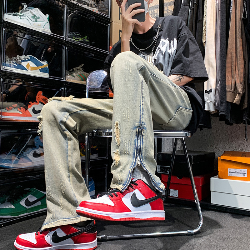 Yellow Mud Dyed Ripped Jeans Men's Autumn High Street Zipper Design Niche Large Size Loose Straight Casual Pants