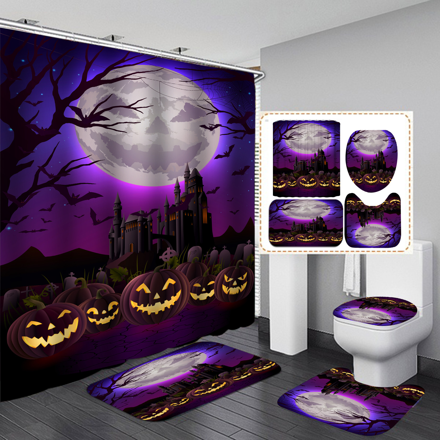 Amazon transfronteriza nueva impresión digital HD 3D Halloween calabaza ducha cortina Hotel impermeable baño Cortina de ducha