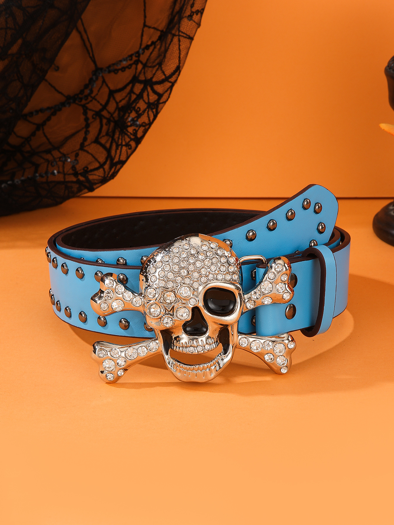 168g Weight Rhinestones Inlay Material Belt Classification 1 Piece Quantity Party, Street Occasion Alloy Material Halloween Festival Skull Pattern Unisex Gender Inlay Design Punk Style Rose Red, Blue, Black Color Punk Skull Alloy Inlay Rhinestones Unisex Leather Belts 10