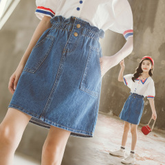 Girls' denim short skirt 2023 summer new Korean style middle and big children's stylish half-sleeve skirt children's skirt summer 