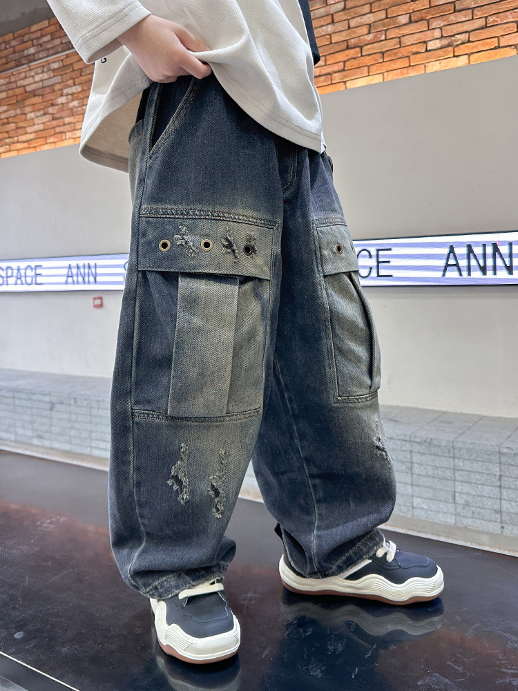 Jeans a gamba larga effetto used per bambine - Vita elasticizzata, comodo misto cotone, stile streetwear alla moda (120 cm-170 cm)_voghion.com