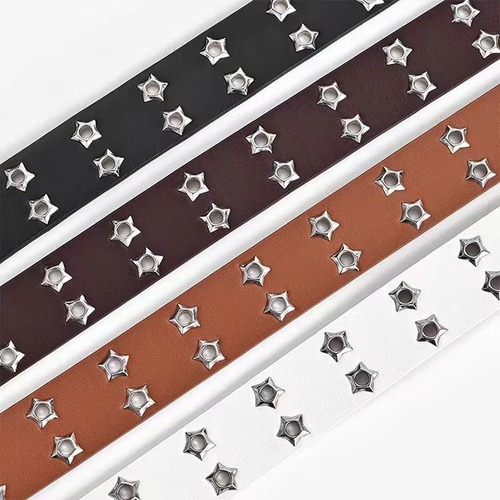 American-style edgy hollow-out vintage punk leather belt for women, featuring subculture-inspired star motifs and double-button detailing—perfect for Y2K-style denim pants and belts.