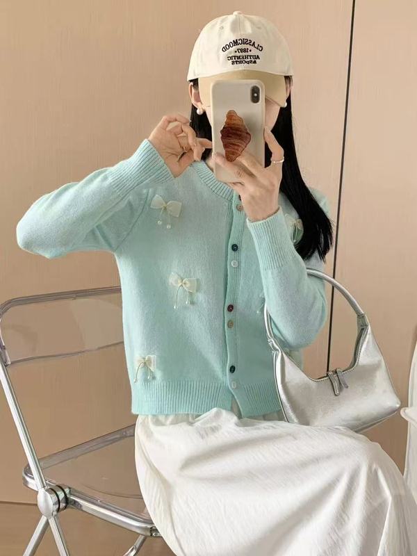 優しいピンクの立体花柄セータージャケット女性用秋甘い年齢軽減ルーズラウンドネックシングルブレストセーター|undefined