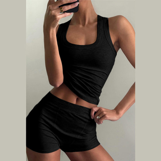 European and American Women's New 2025 Autumn Fashion Casual Round Neck Solid Color Slim-fit I-shaped Vest High Waist Shorts suit