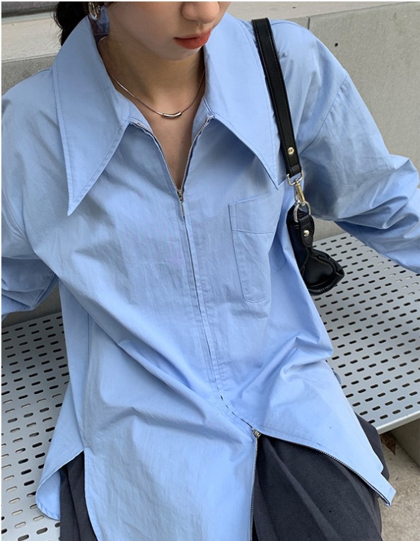 长袖衬衫女设计感小众春秋新款2023年chic早秋上衣蓝色衬衣