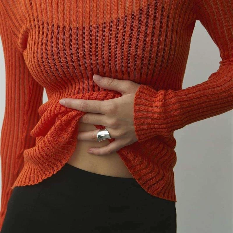 Top color sleepe neck knitted long women Solid round