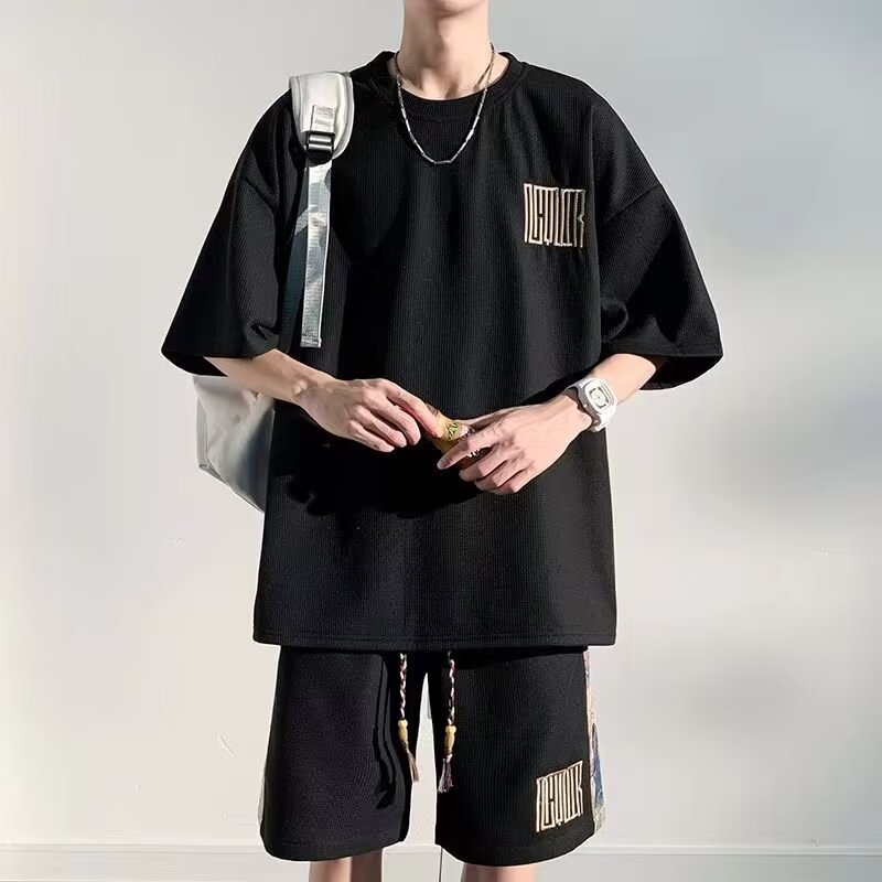 Camisas menos ropa verano nuevo estilo traje de moda nacional moda masculina holgada deportes casuales pantalones cortos de manga corta traje de dos piezas