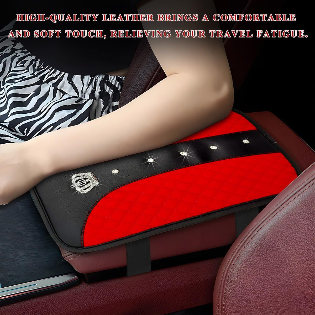 Car armrest box cushion, crown leather studded armrest box pad, armrest cover, three-dimensional quilted embroidery car interior accessory