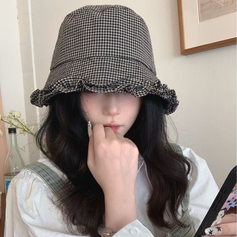 韩系复古优雅格子花边盆帽女秋天文艺百搭水桶帽素颜遮脸渔夫帽子|undefined