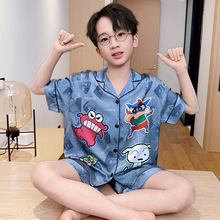儿童睡衣男童夏季冰丝薄款双短套装中大童短袖长裤家居空调服套装