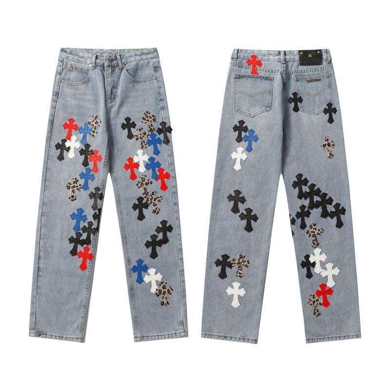 25 新しいクロスレザーラベルウォッシュジーンズローカップルストリートルーズ春と秋のストレートパンツ男性と女性用在庫あり|undefined