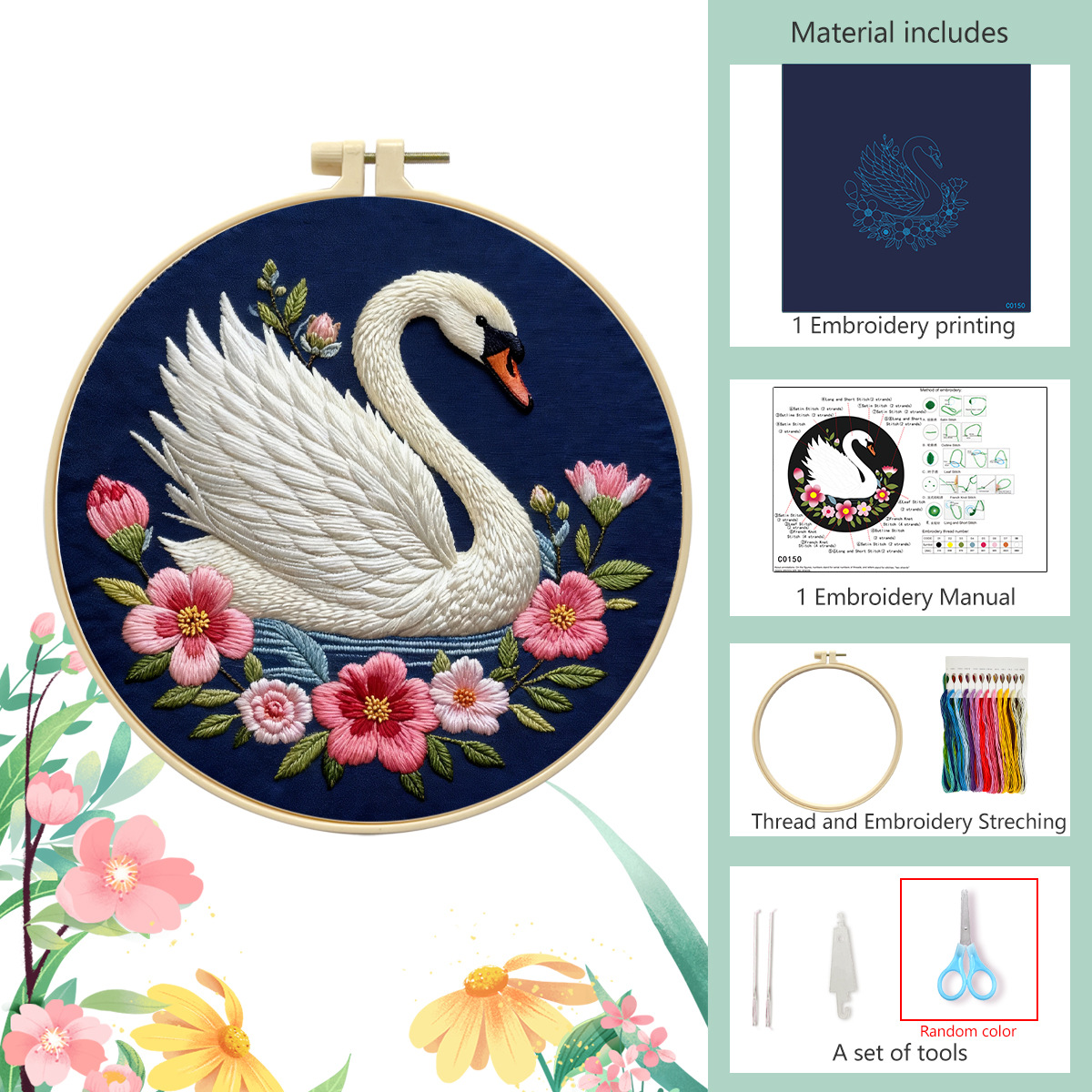 Flor hecha a mano patrón bordado DIY material paquete de cisne blanco creativo bordado de animales tela colgante principiante