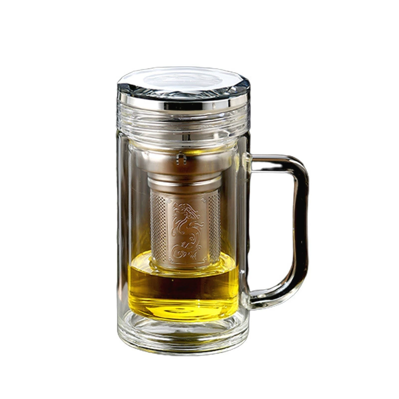 Handle, capacious glass double-layer tea cup